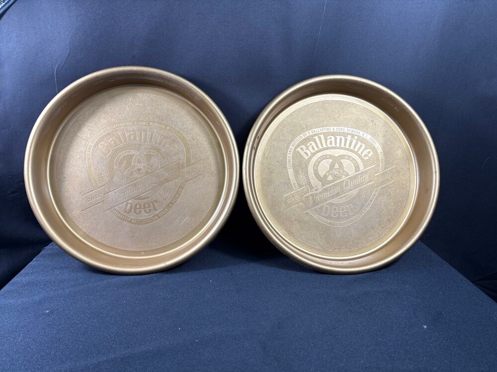 Pair of Vintage Ballantine Round Drink Trays 70's Barware Gold Plastic Cocktail